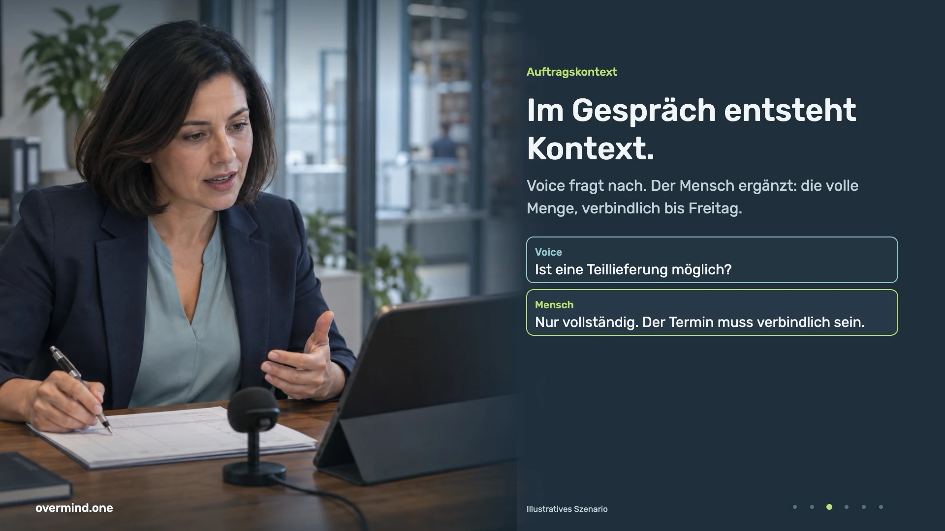 Auftragskontext: Im Gespräch entsteht Kontext. Der Mensch ergänzt die volle Menge und den verbindlichen Termin; eine Teillieferung genügt nicht.