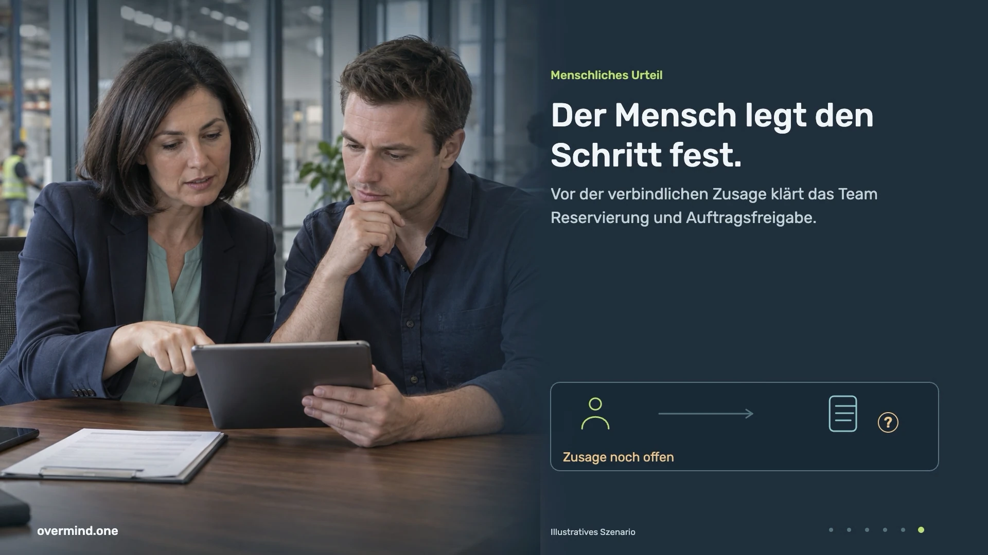 Menschliches Urteil: Der Mensch legt den Schritt fest. Vor der verbindlichen Zusage klärt das Team Reservierung und Auftragsfreigabe.