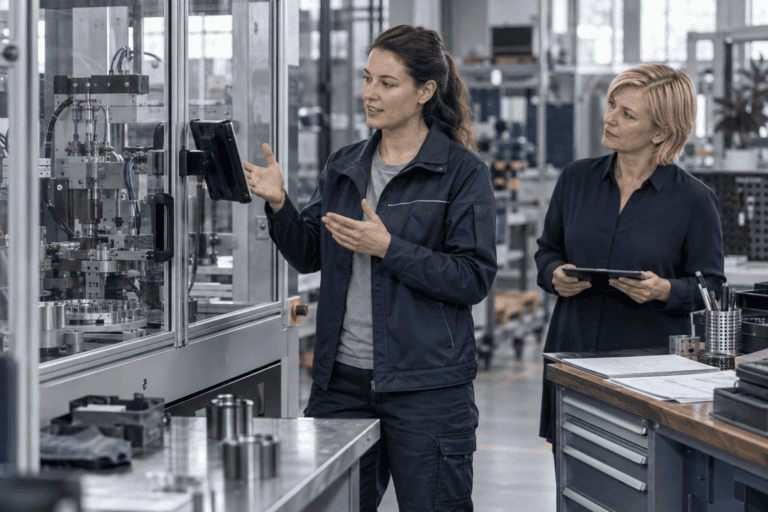 Zwei Fachkräfte besprechen eine Frage direkt an einer Industrieanlage.