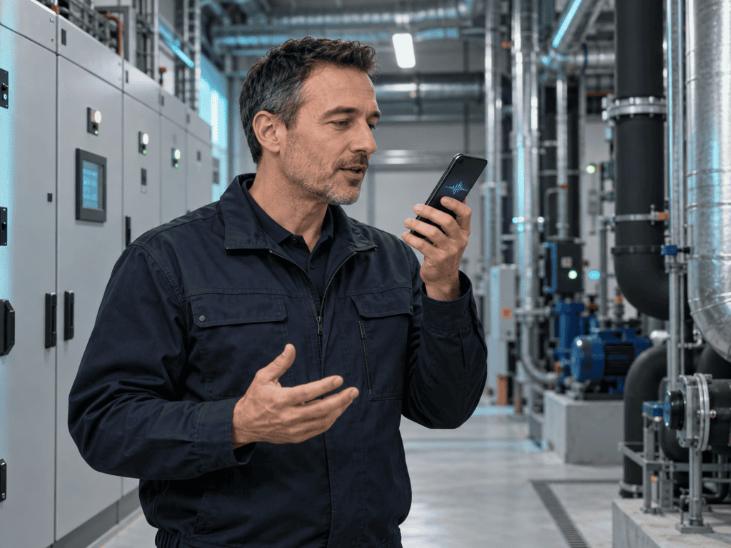 KI-generiertes Bild: Ein Techniker spricht im Technikraum eines Unternehmens mit Voice Intelligence auf seinem Smartphone.