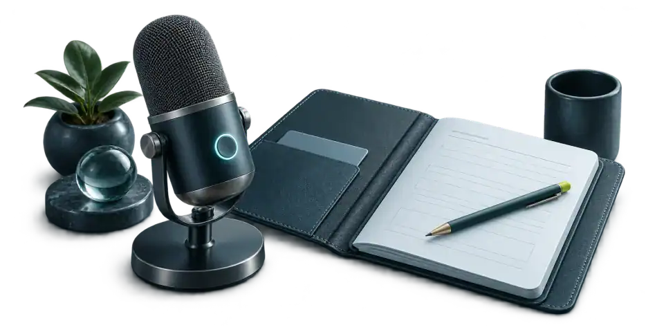 Microphone, notes et stylo illustrant un entretien avec un expert.